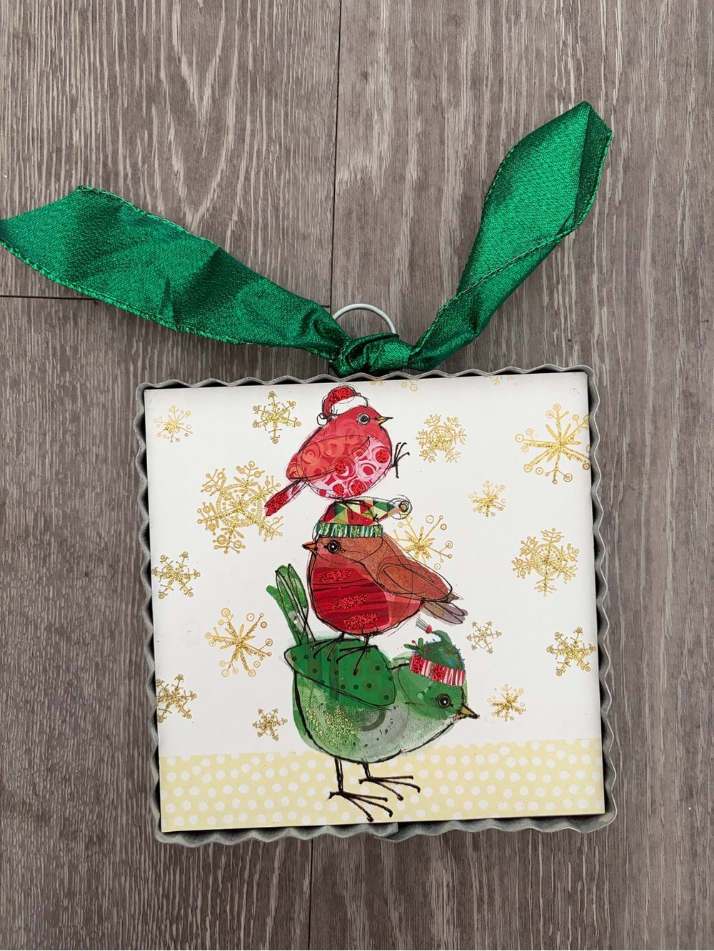 Stacked Holiday Birds Ornament with Green Ribbon